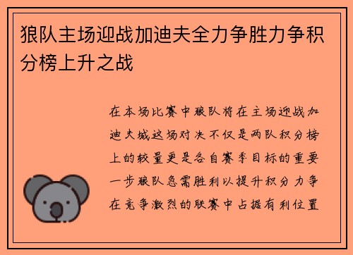 狼队主场迎战加迪夫全力争胜力争积分榜上升之战